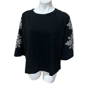 Ruby Rd. Black Boxy Tee with White Embroidered Sleeves